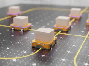 ​​Une représentation de robots mobiles autonomes (AMR) en action sur un circuit imprimé​ 